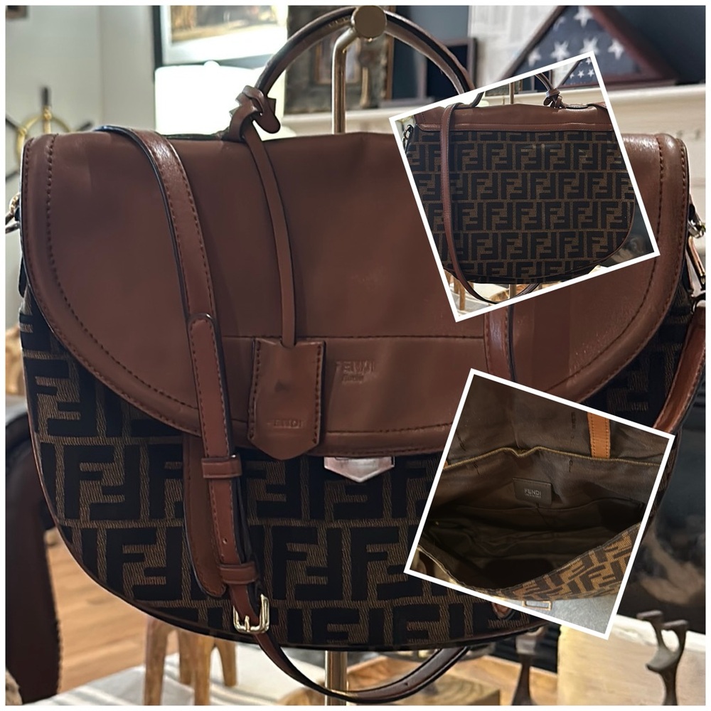 🔥 Authentic Fendi FF Tobacco Messenger Bag in Zucca Canvas Cognac Leather 🔥